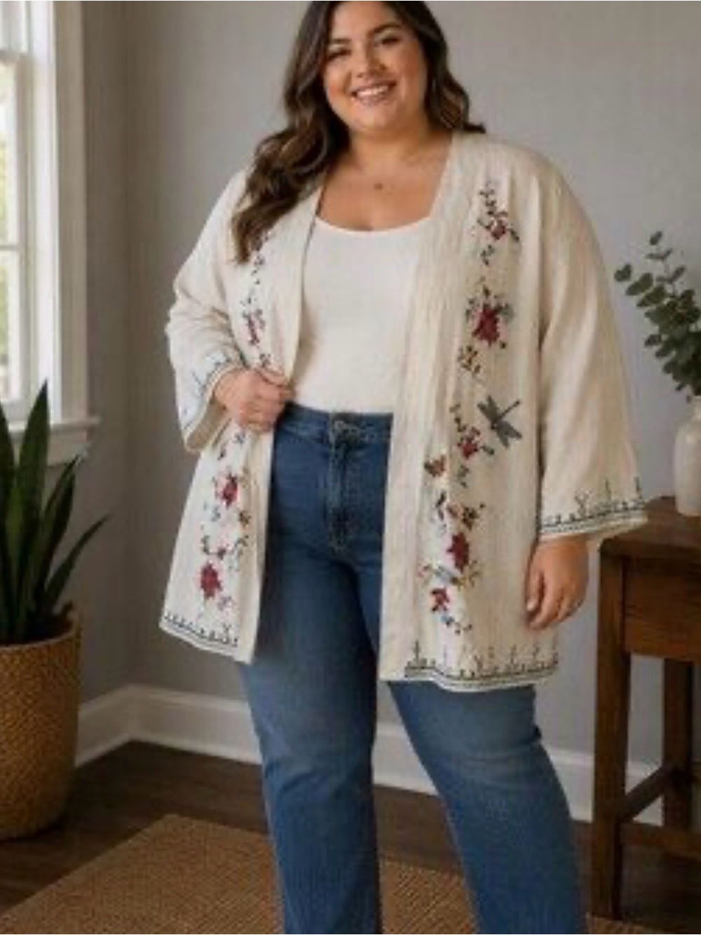 Solitaire Embroidered Cream Open-Front Kimono Jacket  (B5)